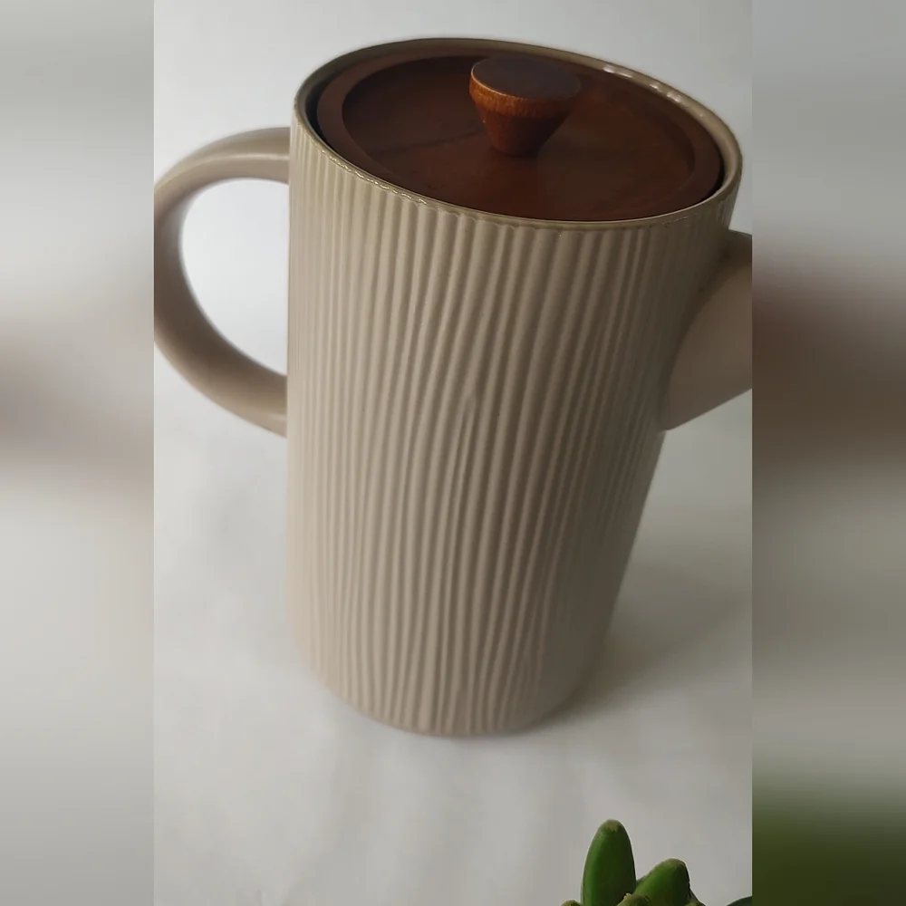 Project 62 Ribbed Ceramic Teapot in Brown with Wooden Knob